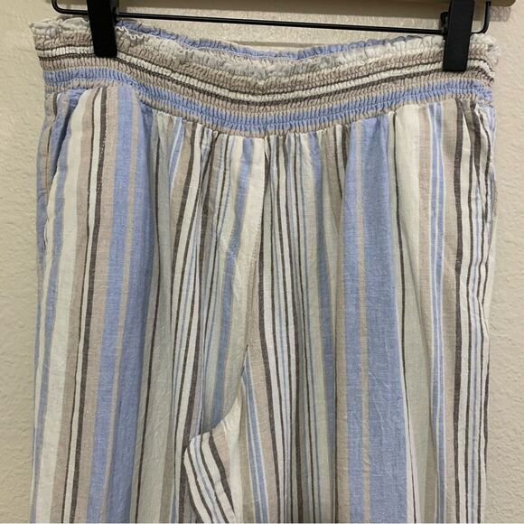 LAND N SEA PANTS WOMEN’S MEDIUM STRIPE CREAM BLUE BROWN 55% LINEN BLEND. - Picture 4 of 16